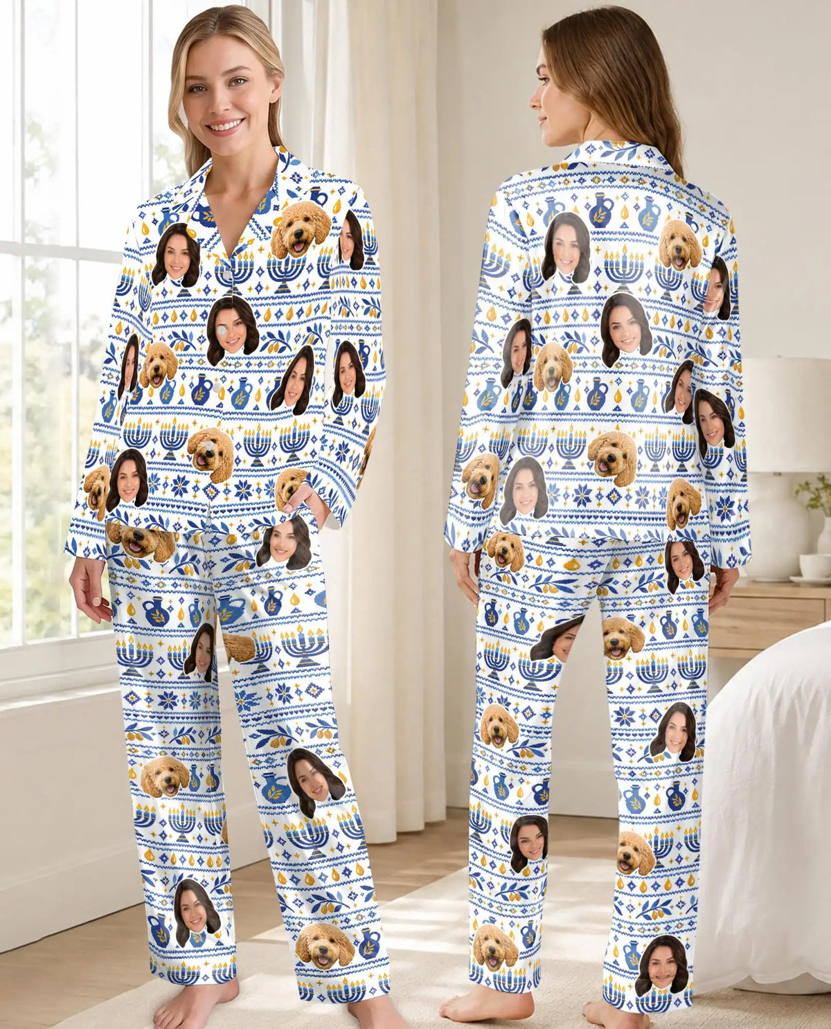 Personalized Hanukkah Pajamas for Women – Custom Face & Pet Photo Fair Isle Print