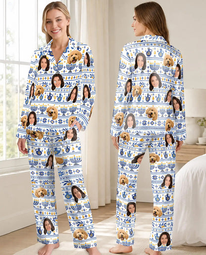 Personalized Hanukkah Pajamas for Women – Custom Face & Pet Photo Fair Isle Print
