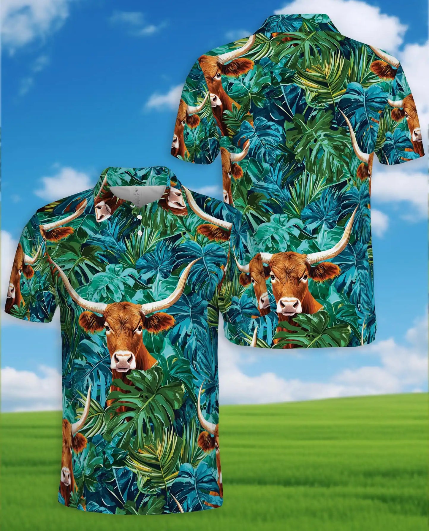 Texas Longhorn Tropical Polo Shirt - Western Jungle Style | Azhawaiian