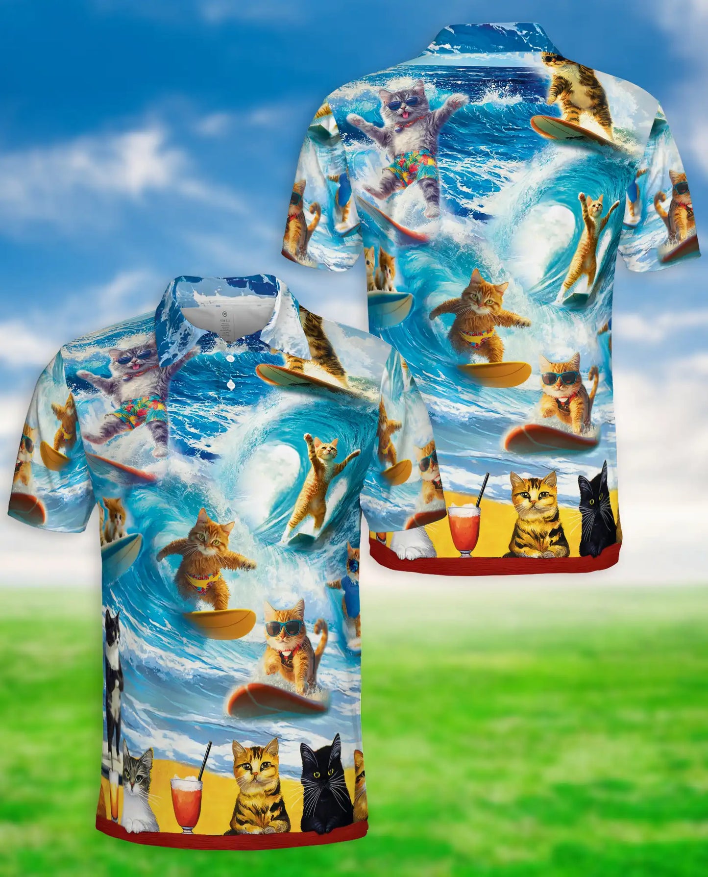 Surfing Cat 3D Polo Shirt for Men, Funny Beach Summer Style | Azhawaiian
