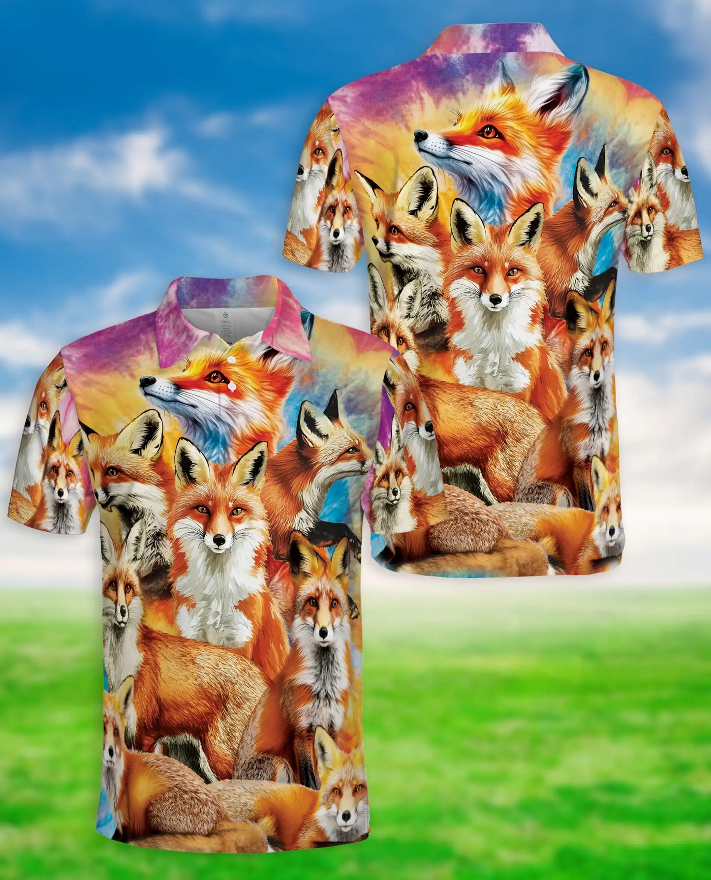Fox Polo Shirt, Colorful Wildlife Animal Print | Azhawaiian