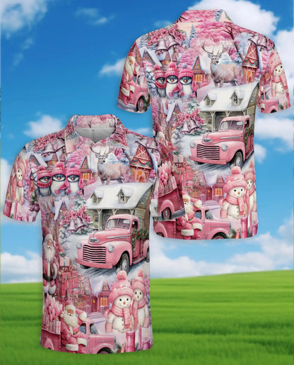 Pink Christmas Truck 3D Polo Shirt for Men, Santa Winter Village Style | Azhawaiian
