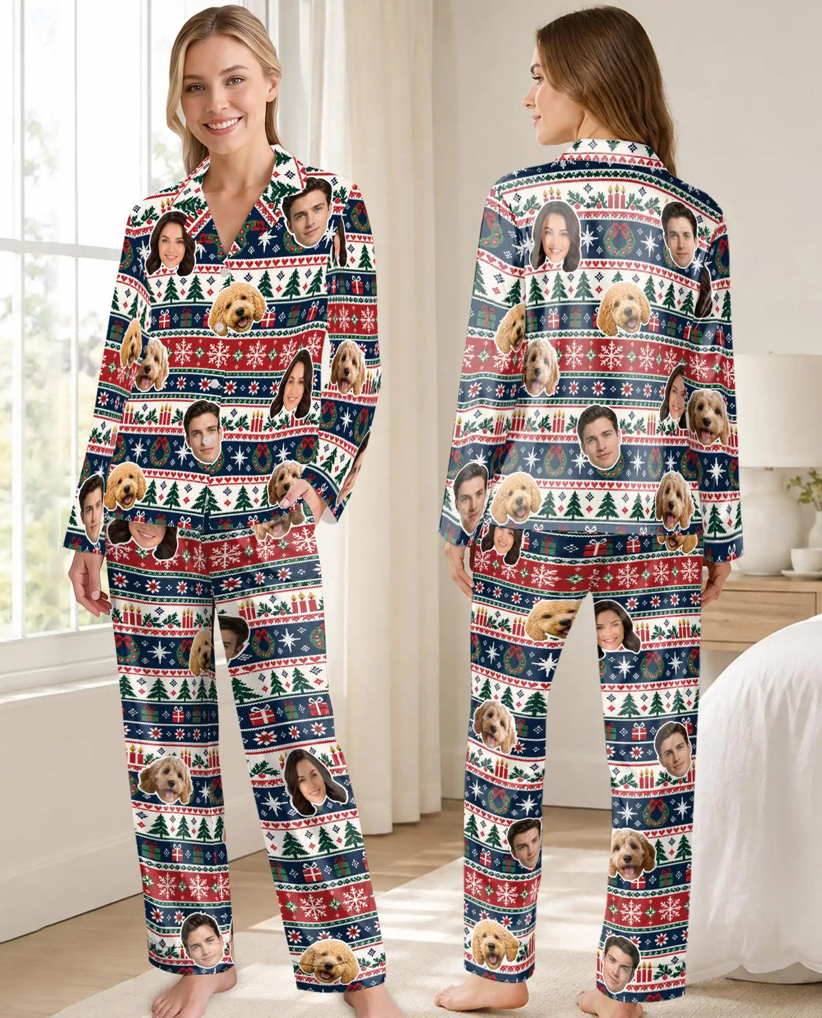 Personalized Christmas Fair Isle Pajamas for Women – Custom Face & Pet Photo Print