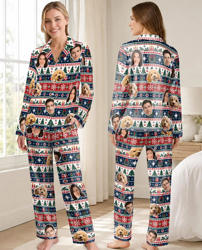 Personalized Christmas Fair Isle Pajamas for Women – Custom Face & Pet Photo Print