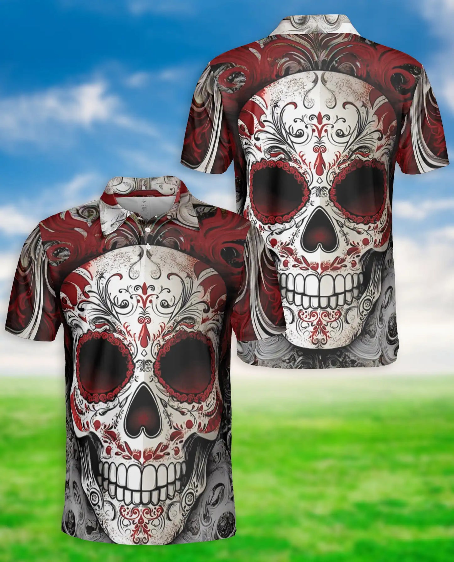 Sugar Skull Polo Shirt, Red Gothic Style | Azhawaiian