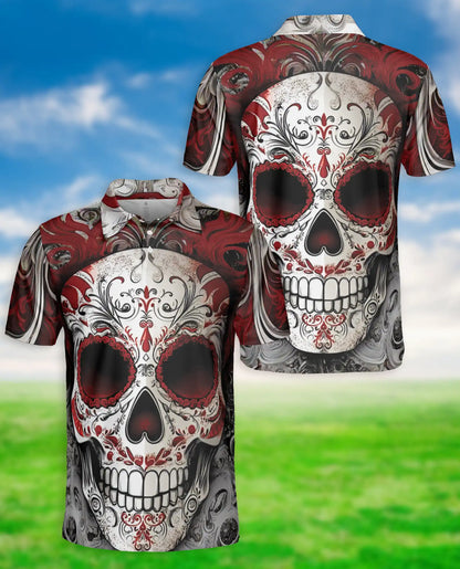 Sugar Skull Polo Shirt, Red Gothic Style | Azhawaiian