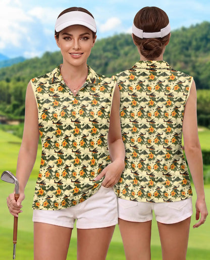 Helicopter And Hibiscus Sleeveless Polo Shirt for Women, Aviation Tropical Style | Azhawaiian
