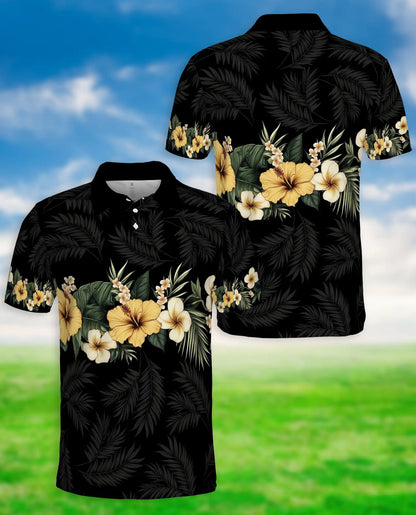 Black Tropical Hibiscus 3D Polo Shirt for Men, Hawaiian Floral Island Style | Azhawaiian
