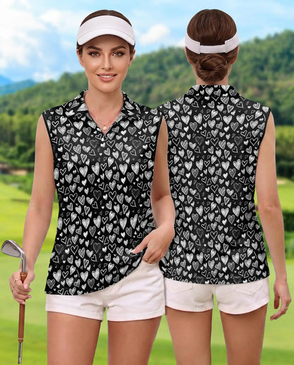 Love Heart Sleeveless Polo Shirt for Women, Cute Romantic Style | Azhawaiian