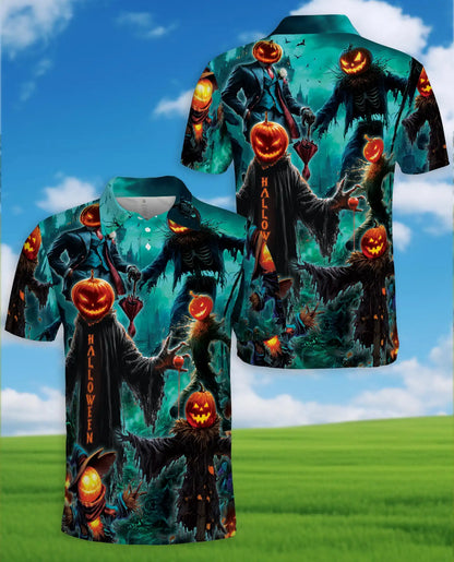 Pumpkin Scarecrow Halloween Polo Shirt - Spooky Horror Harvest Style | Azhawaiian