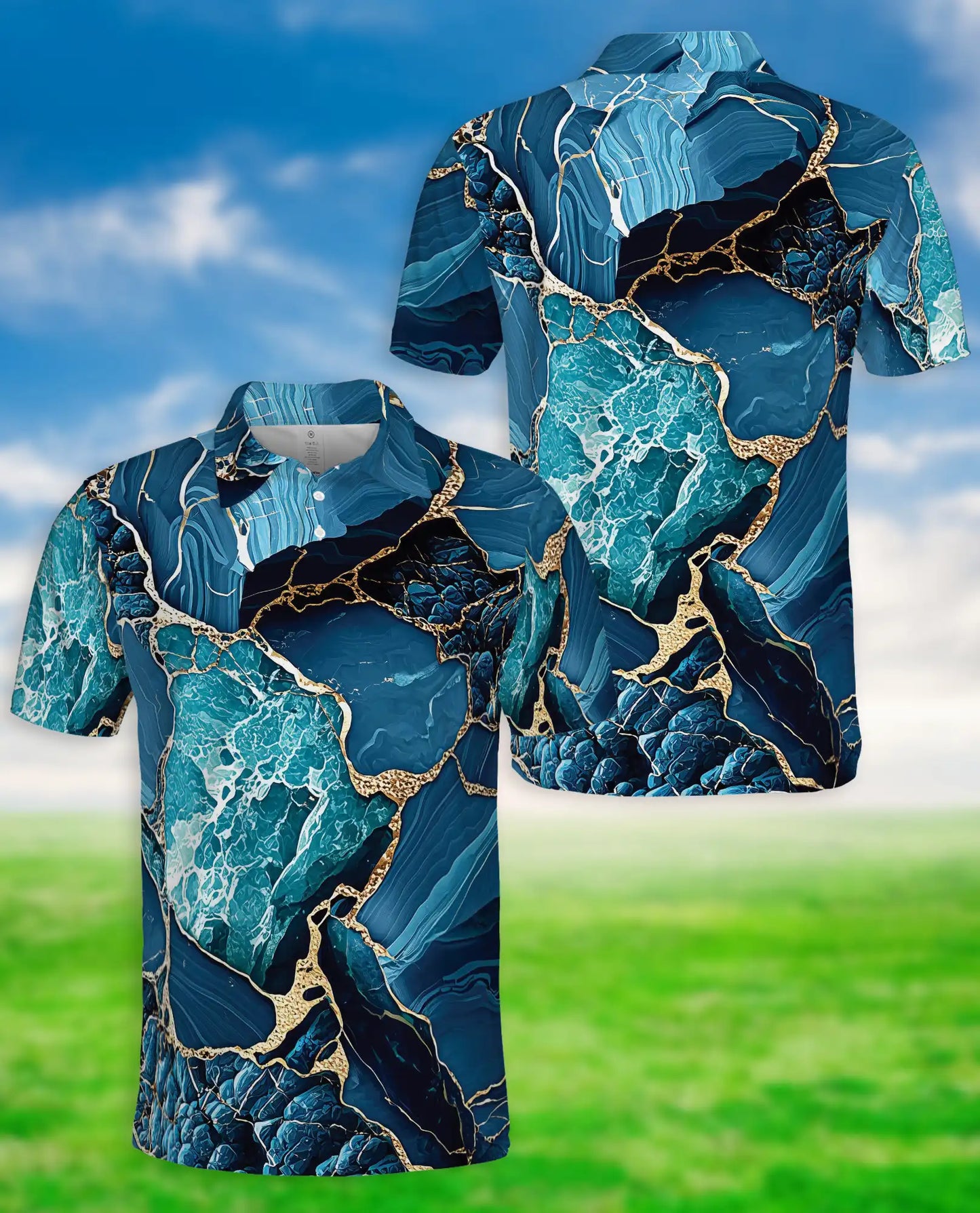 Blue Ocean Marble Polo Shirt for Men-Luxury Abstract Art | Azhawaiian