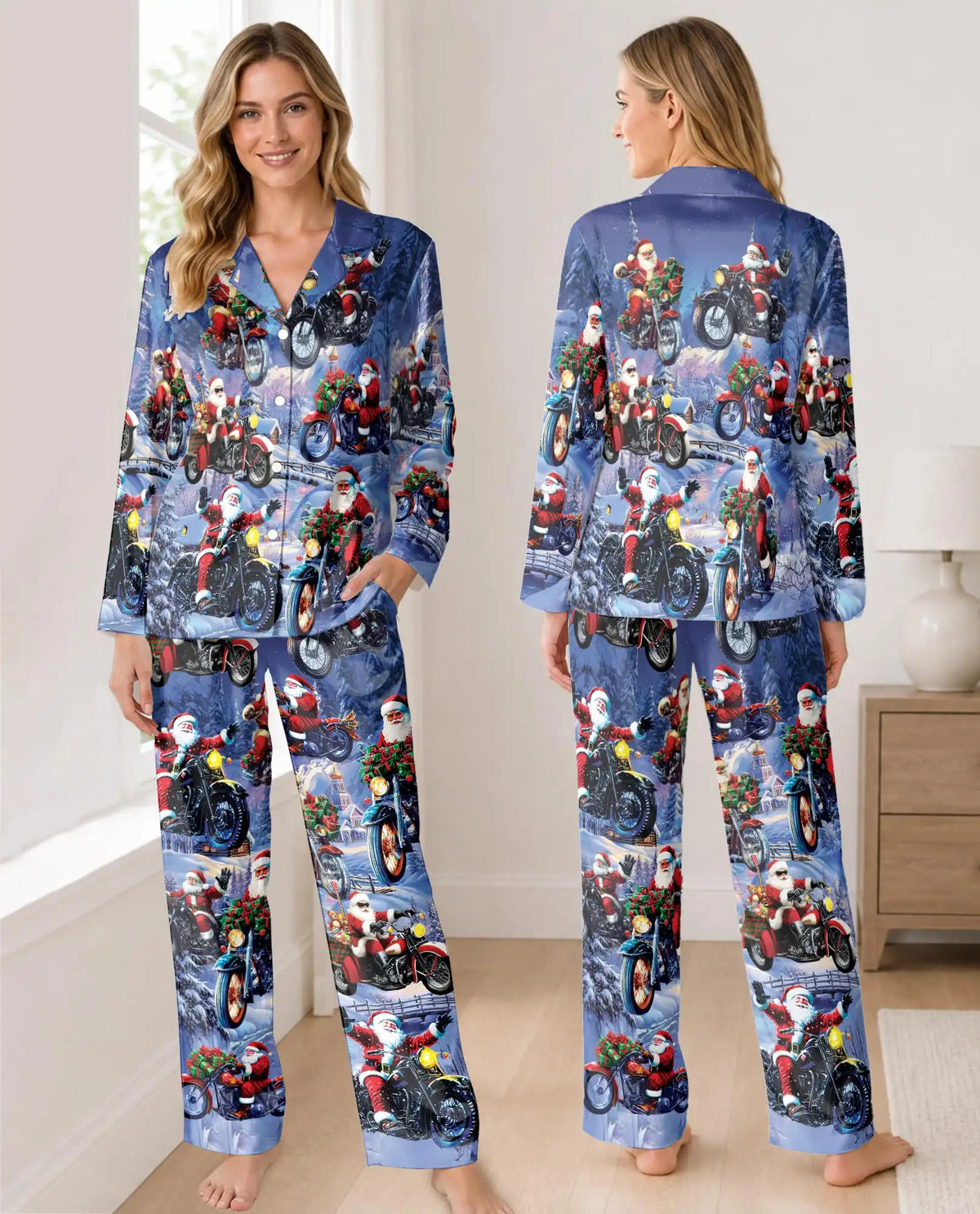 Santa Motorcycle Christmas Pajama Set for Women – Snowy Biker Print