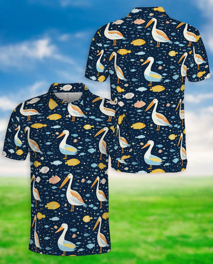 Pelican Ocean 3D Polo Shirt for Men, Coastal Marine Wildlife Style | Azhawaiian