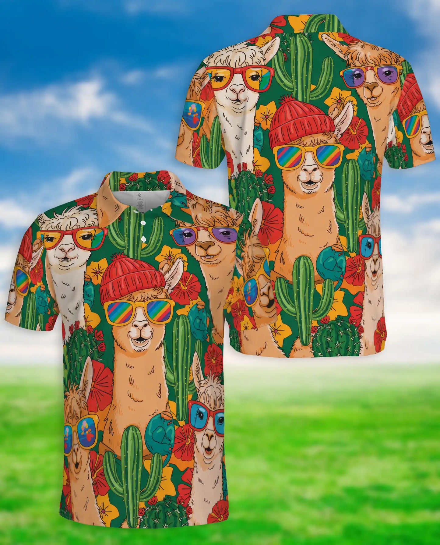 Funny Llama Cactus 3D Polo Shirt for Men, Desert Animal Style | Azhawaiian