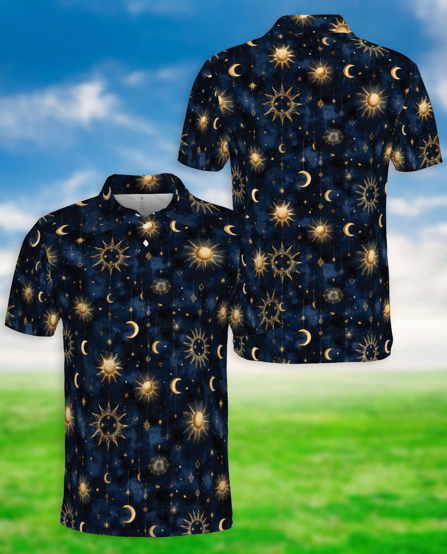 Celestial Sun Moon Polo Shirt for Men- Starry Night Pattern | Azhawaiian