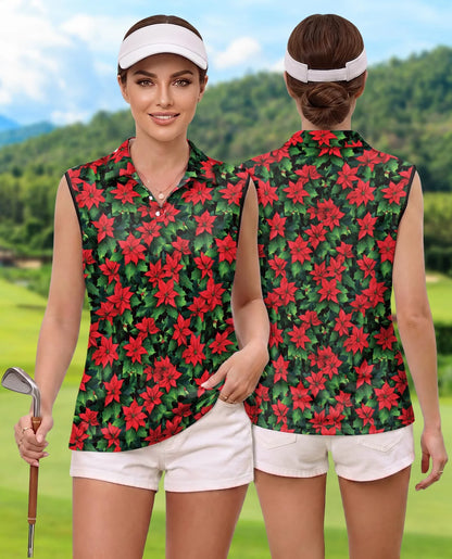 Poinsettia Pattern Sleeveless Polo Shirt for Women | Azhawaiian