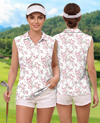 Cherry Blossom Sleeveless Polo Shirt for Women, Elegant Floral Spring Style | Azhawaiian