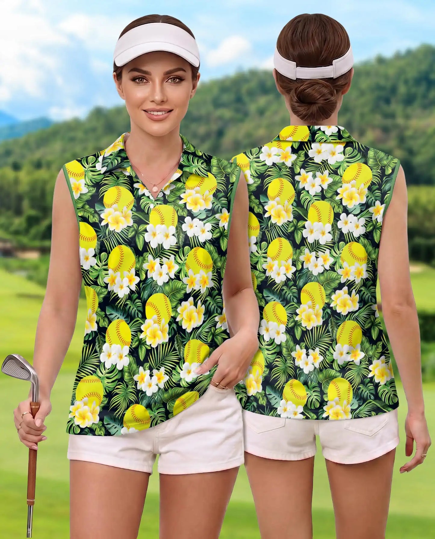Yellow Softball And Plumeria Print Sleeveless Polo Shirt for Women  | Azhawaiian