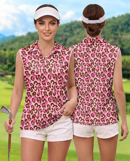 Pink Cheetah Print Sleeveless Polo Shirt for Women, Bold Animal Fashion Style | Azhawaiian