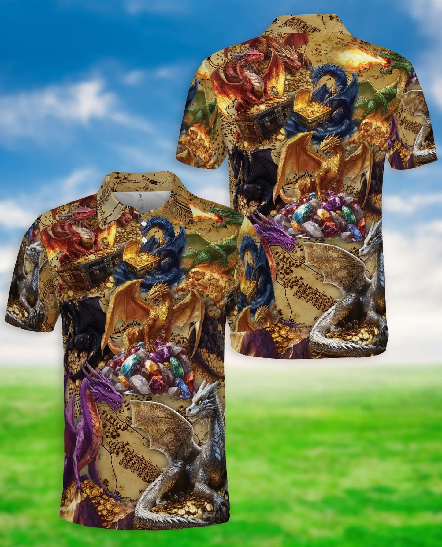 Dragon Treasure 3D Polo Shirt for Men, Fantasy Gold Hoard Art Style | Azhawaiian