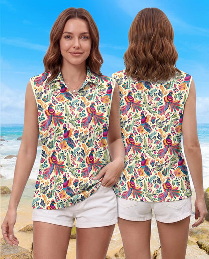 Folk Art Tropical Bird Sleeveless Polo Shirt for Women | Azhawaiian