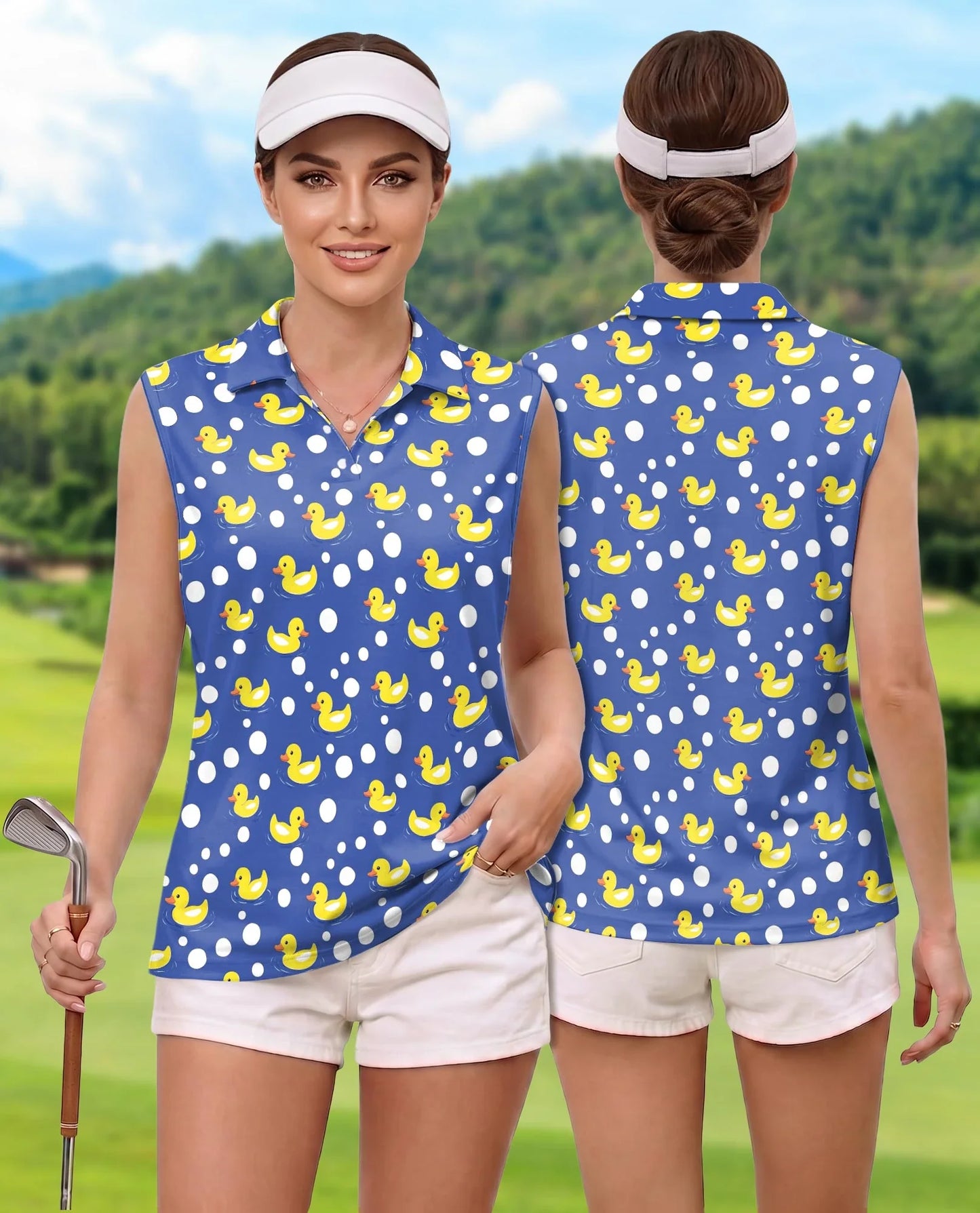 Rubber Duck Polka Dot Sleeveless Polo Shirt for Women, Cute Fun Style | Azhawaiian