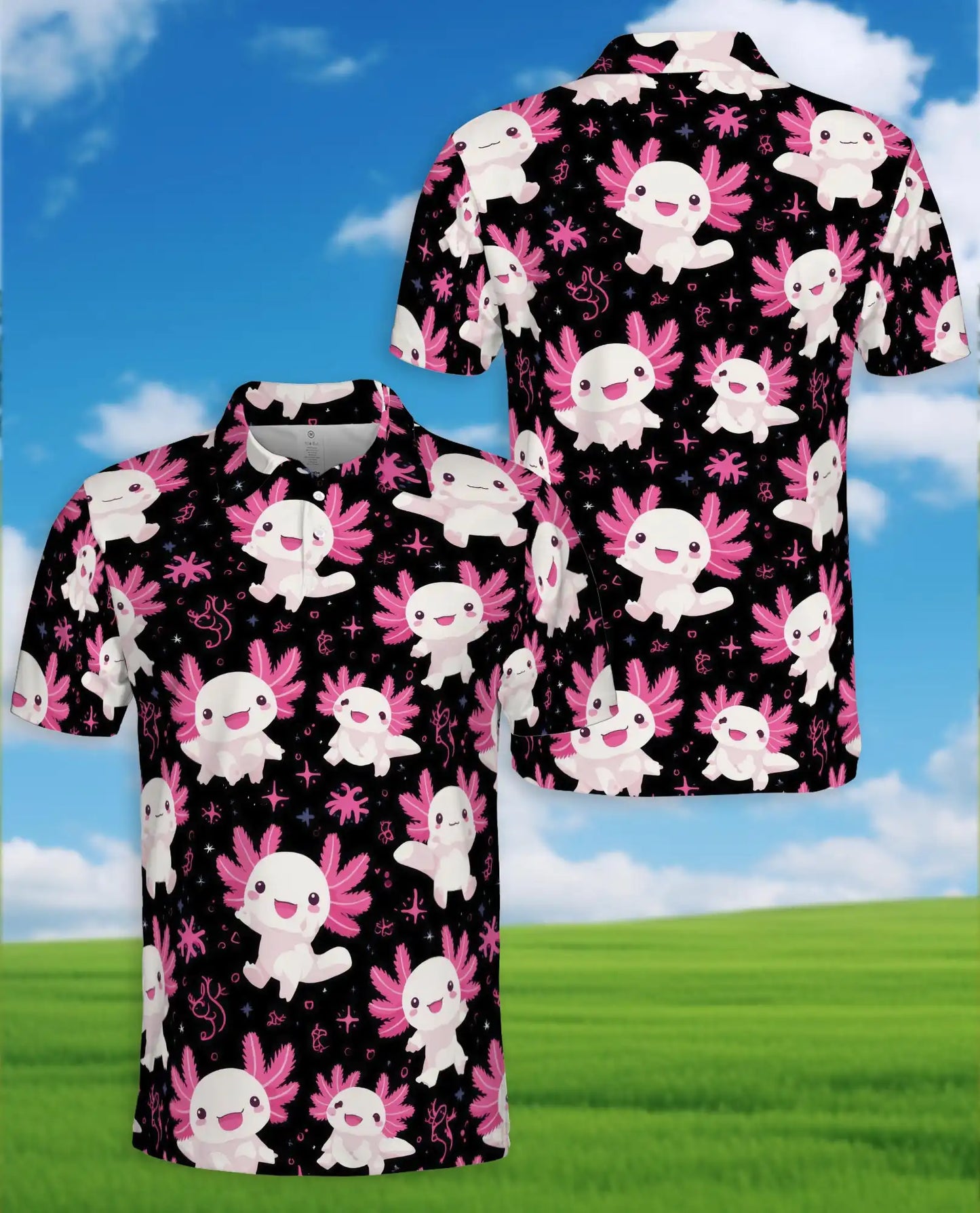 Pink Axolotl Polo Shirt for Men, Cute Aquatic Animal Style | Azhawaiian