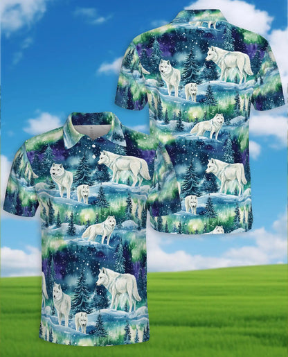 Wolf Aurora Polo Shirt, Northern Lights Winter Scene | Azhawaiian
