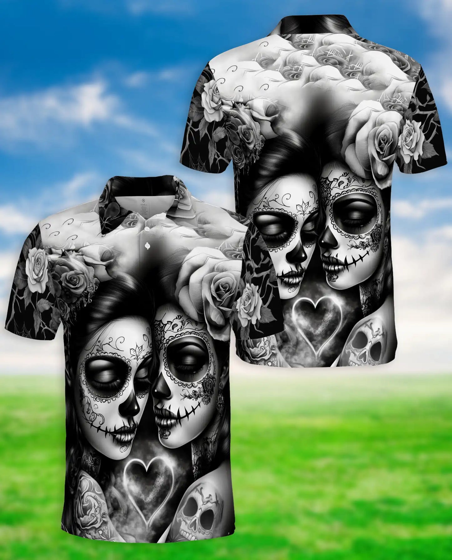 Sugar Skull Couple Polo Shirt, Gothic Rose Print | Azhawaiian