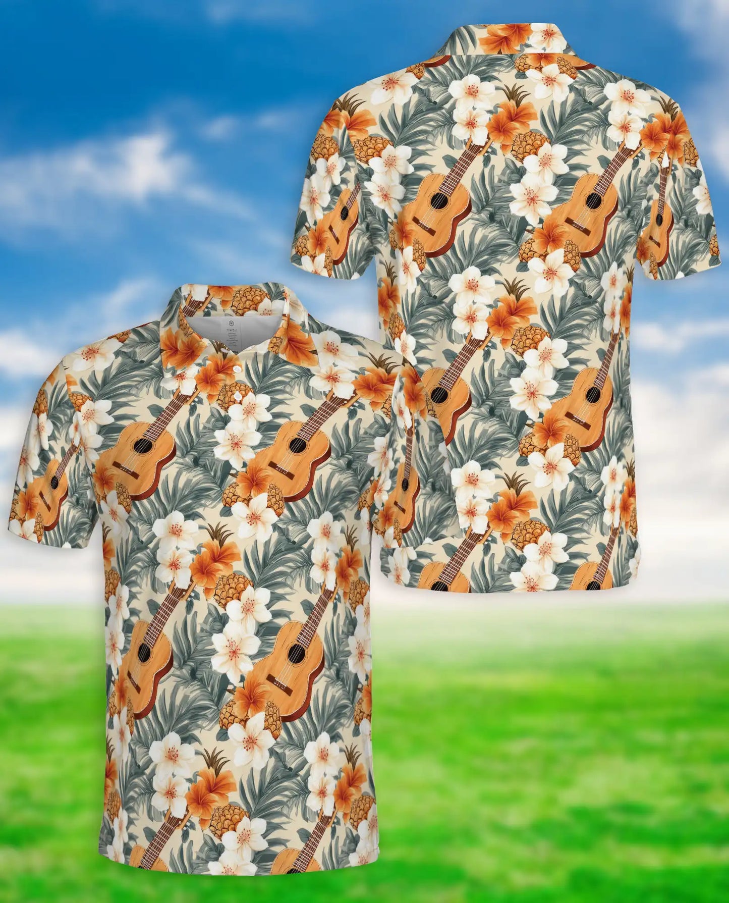 Tropical Ukulele Polo Shirt for Men-Print Hibiscus Pineapple | Azhawaiian