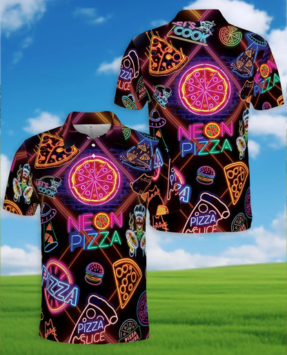 Neon Pizza Polo Shirt for Men, Colorful Food Lover Style | Azhawaiian