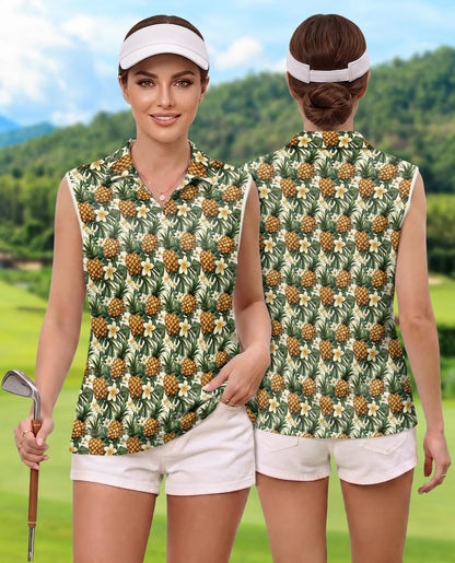 Golden Pineapple Sleeveless Polo Shirt for Women | Azhawaiian