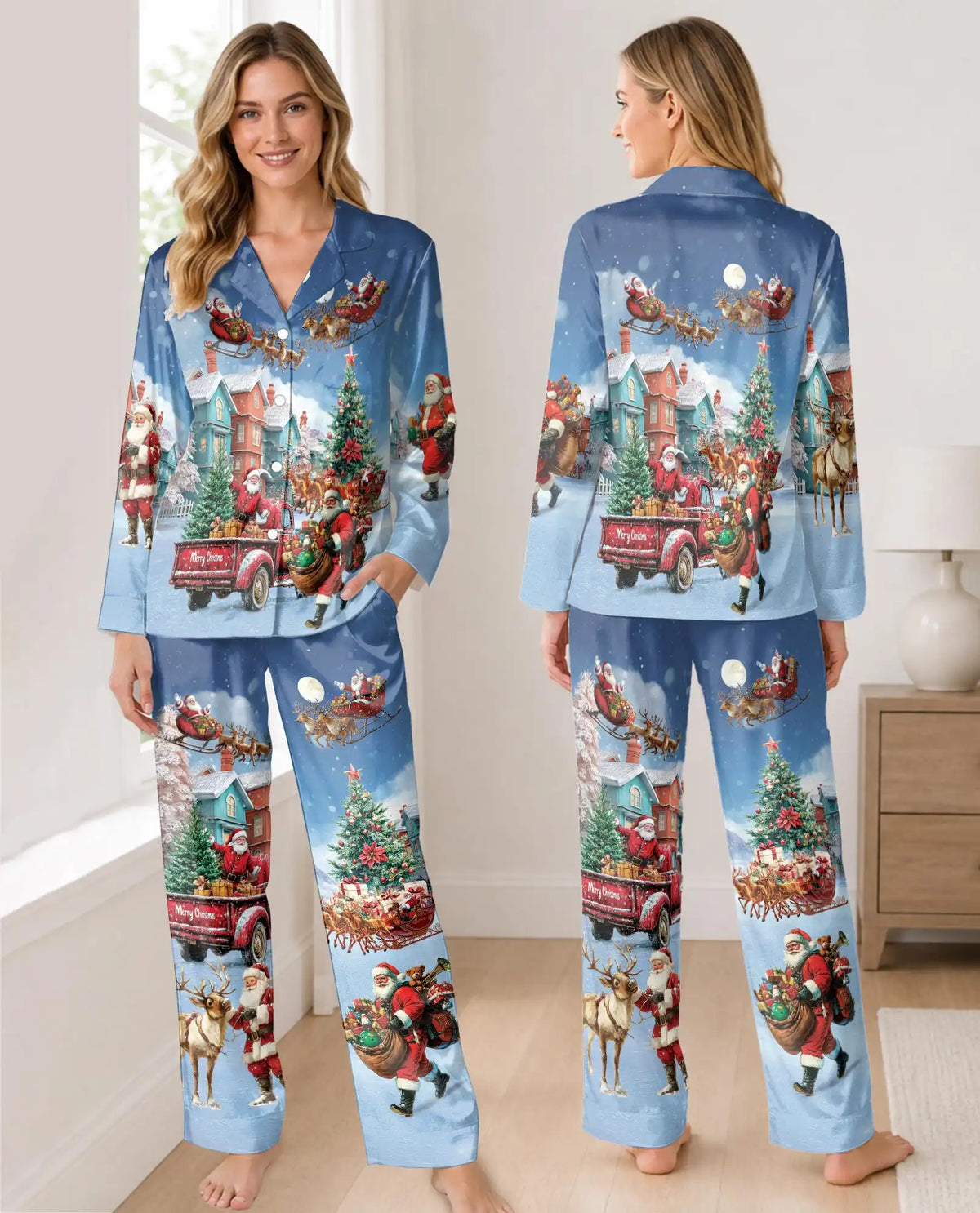 Santa Christmas Pajama Set for Women, Winter Holiday Sleepwear