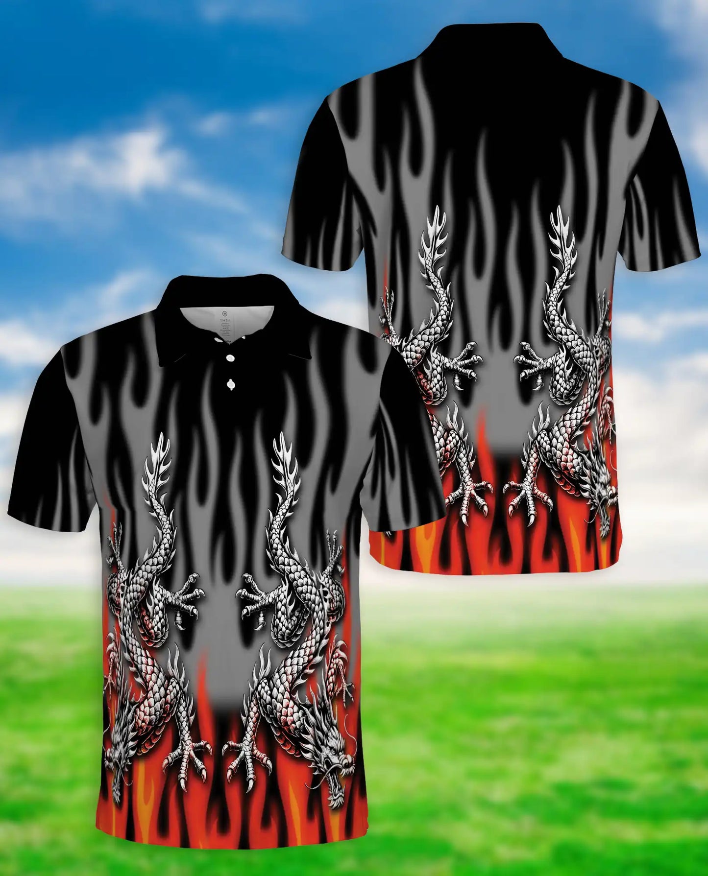 Tribal Dragon Polo Shirt, Silver Dragon Flame Artwork | Azhawaiian