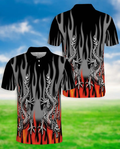 Tribal Dragon Polo Shirt, Silver Dragon Flame Artwork | Azhawaiian