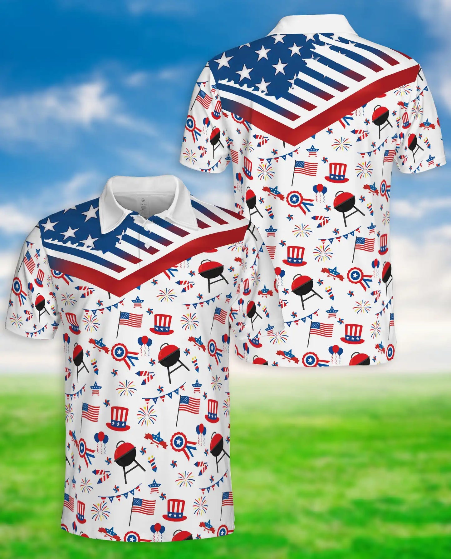 4th of July BBQ Hawaiian Polo Shirt for Men Patriotic American Flag Cookout Party Shirt | Azhawaiian