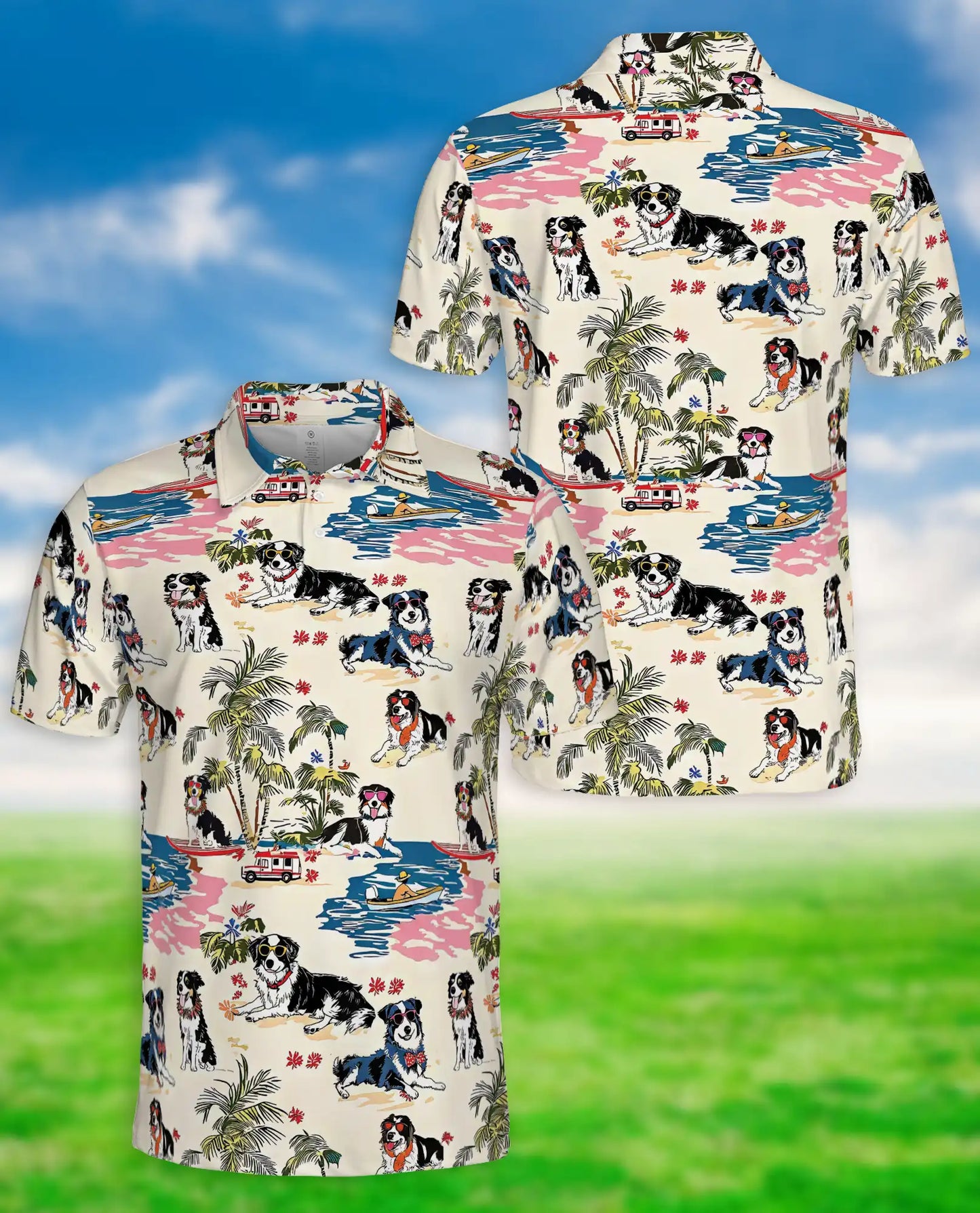 Australian Shepherd Dog Polo Shirt, Tropical Beach Print | Azhawaiian