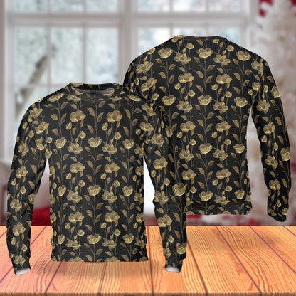 Gold Line Art Floral Pattern Sweatshirt – Colorful Graphic 3D All Over Print Design