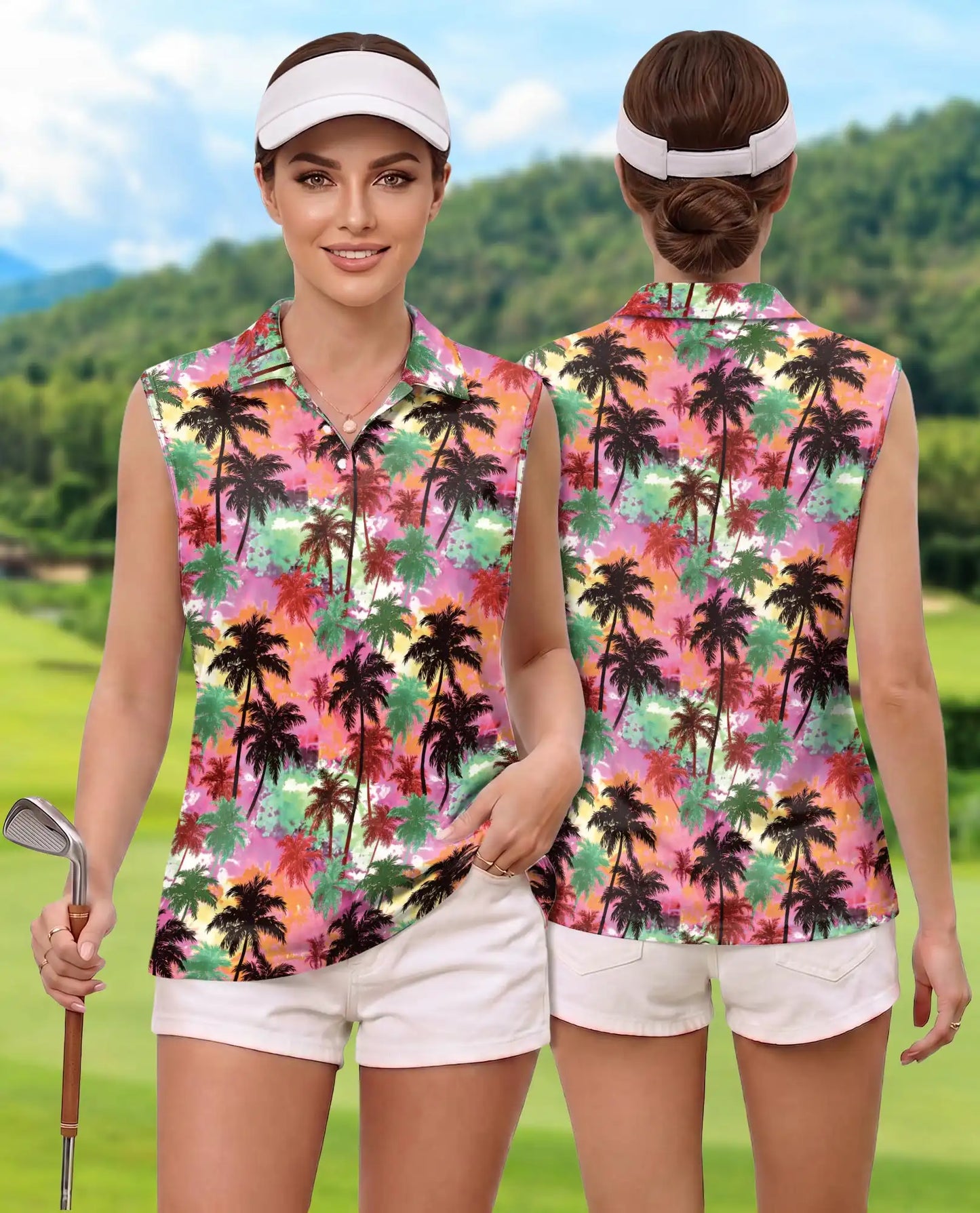 Colorful Sunset Palm Tree Sleeveless Polo Shirt for Women | Azhawaiian