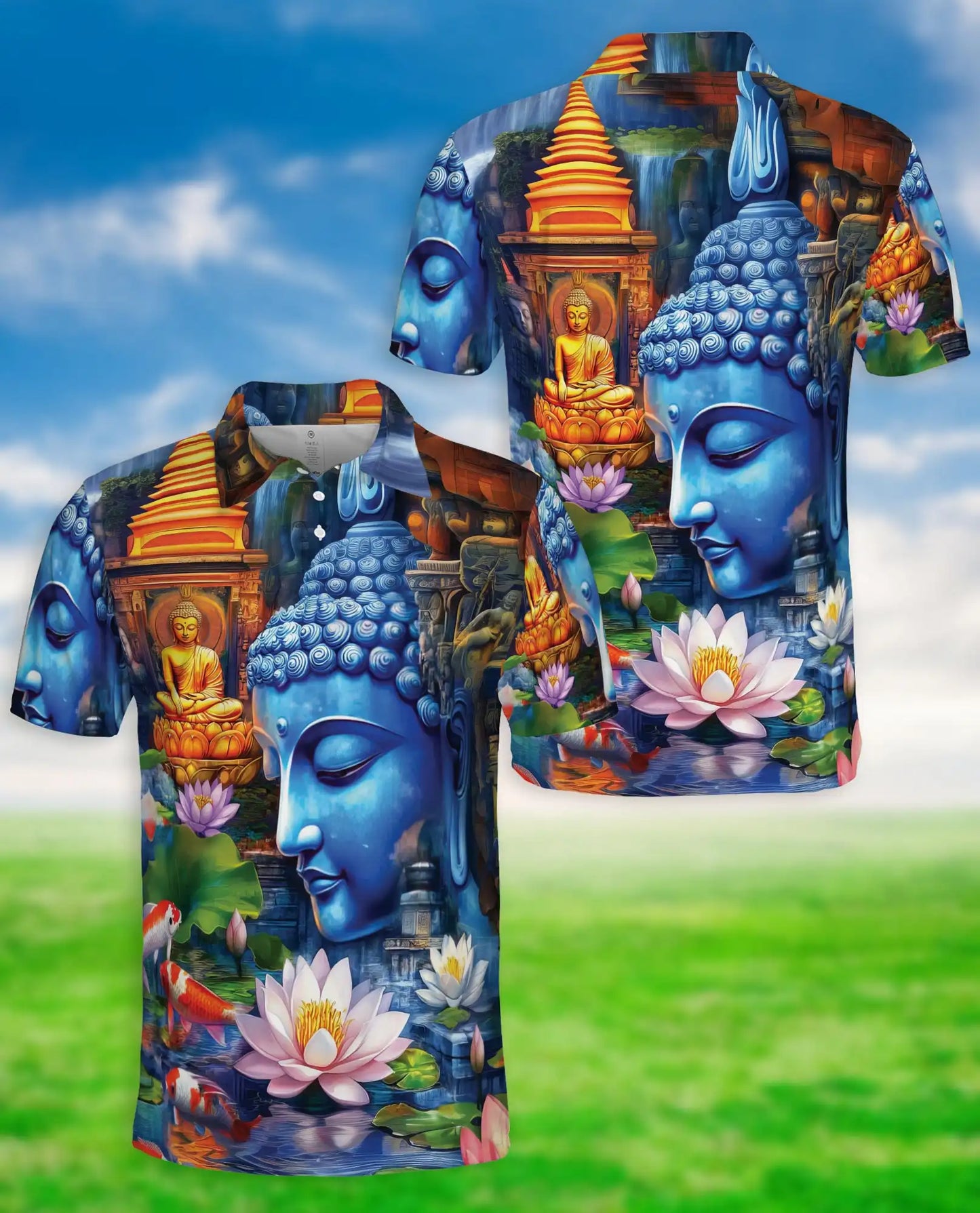 Buddha Lotus 3D Polo Shirt for Men, Spiritual Zen Art Style | Azhawaiian