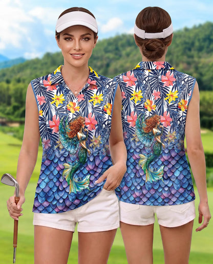 Mermaid Pattern Sleeveless Polo Shirt for Women | Azhawaiian