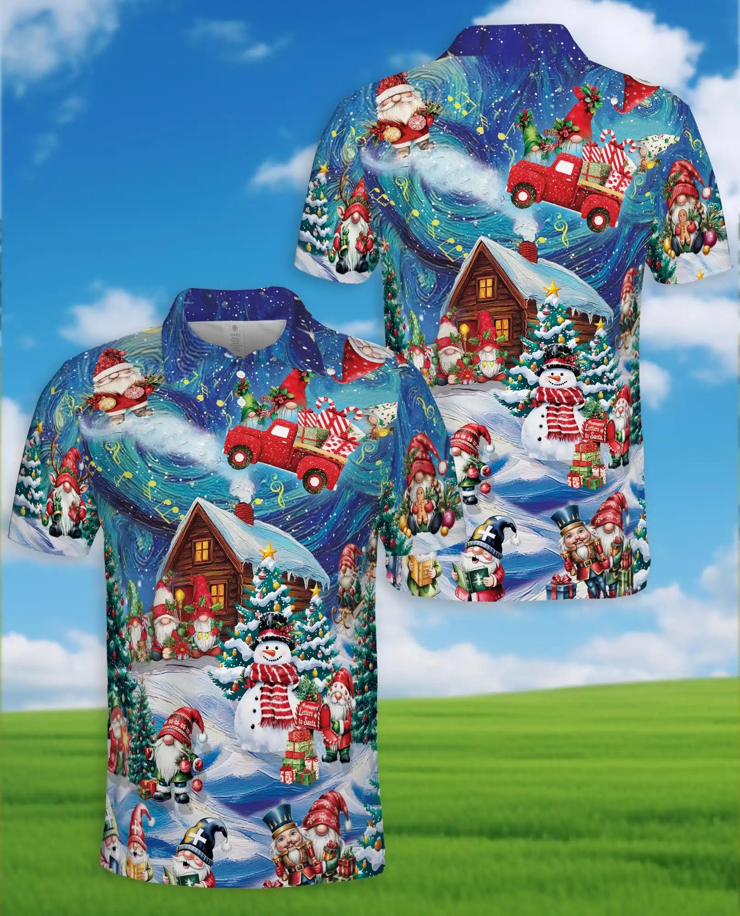 Christmas Gnome Polo Shirt, Winter Holiday Print | Azhawaiian