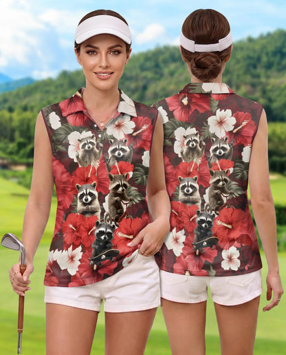 Tropical Hibiscus Raccoon Sleeveless Polo Shirt for Women | Azhawaiian