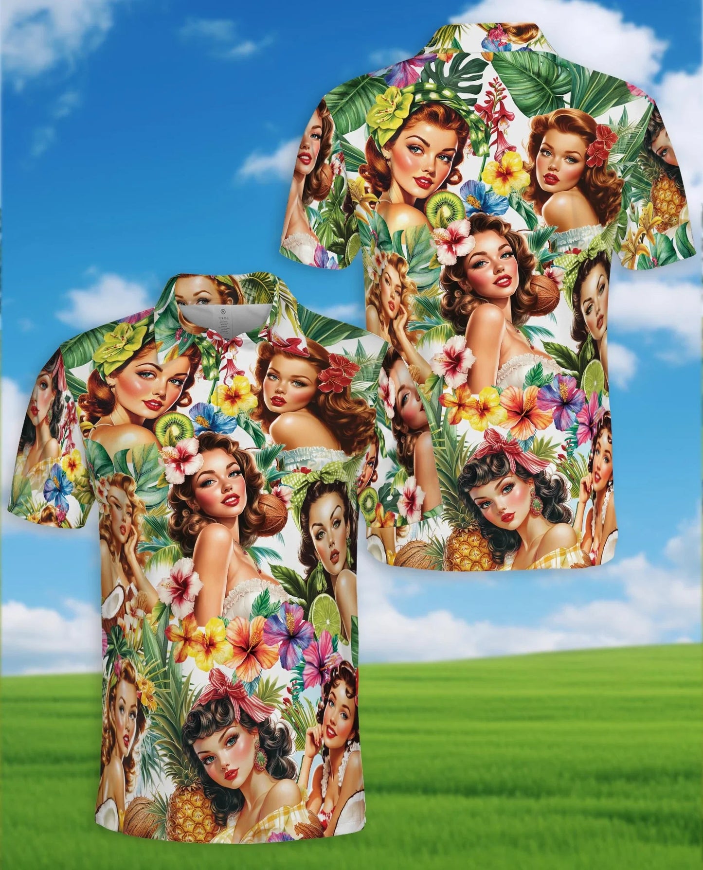 Tropical Pinup Girl Polo Shirt for Men, Retro Summer Beach Style | Azhawaiian