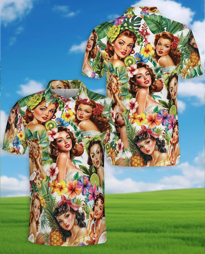Tropical Pinup Girl Polo Shirt for Men, Retro Summer Beach Style | Azhawaiian