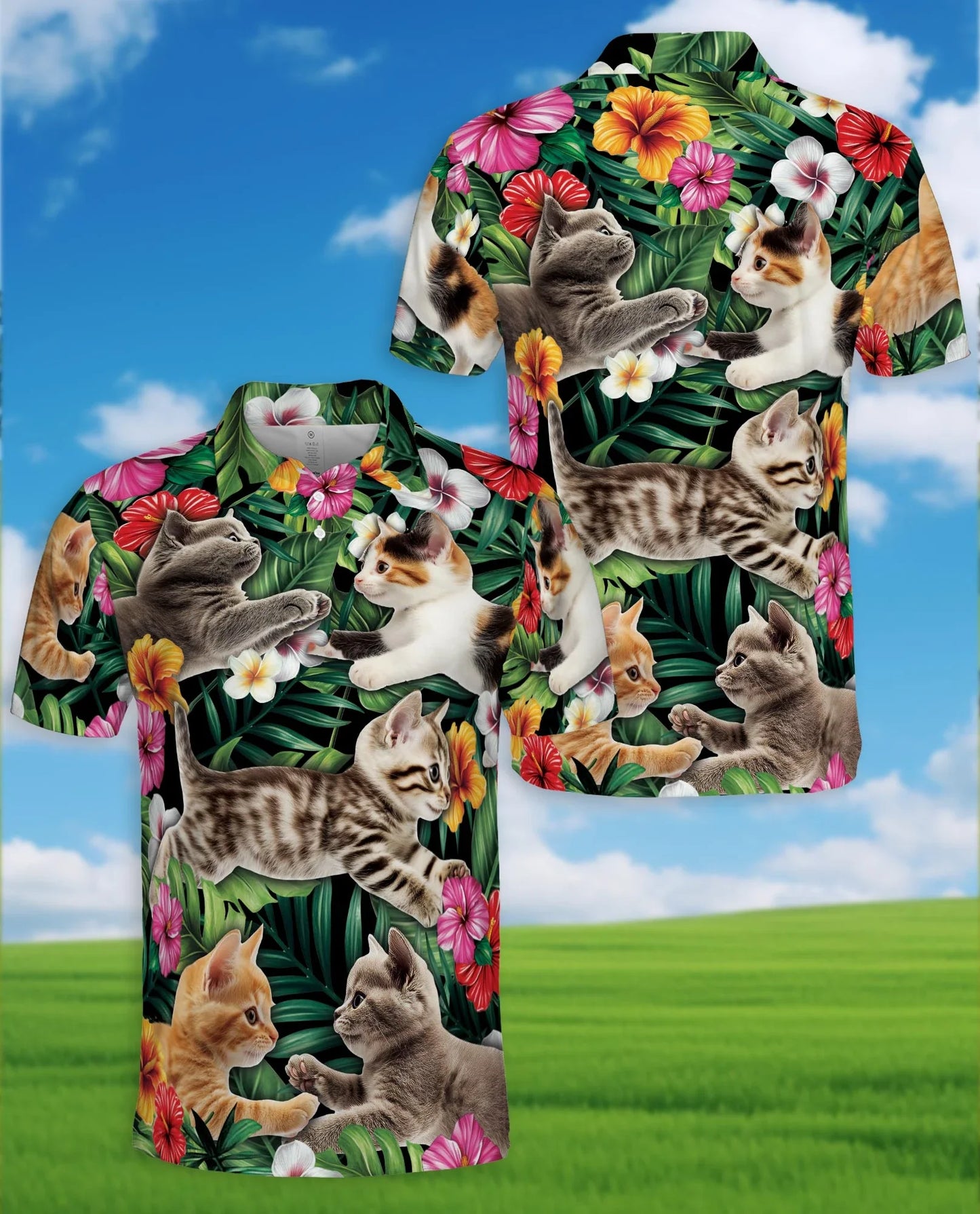 Cat Tropical Floral Polo Shirt for Men, Cute Animal Summer Style | Azhawaiian