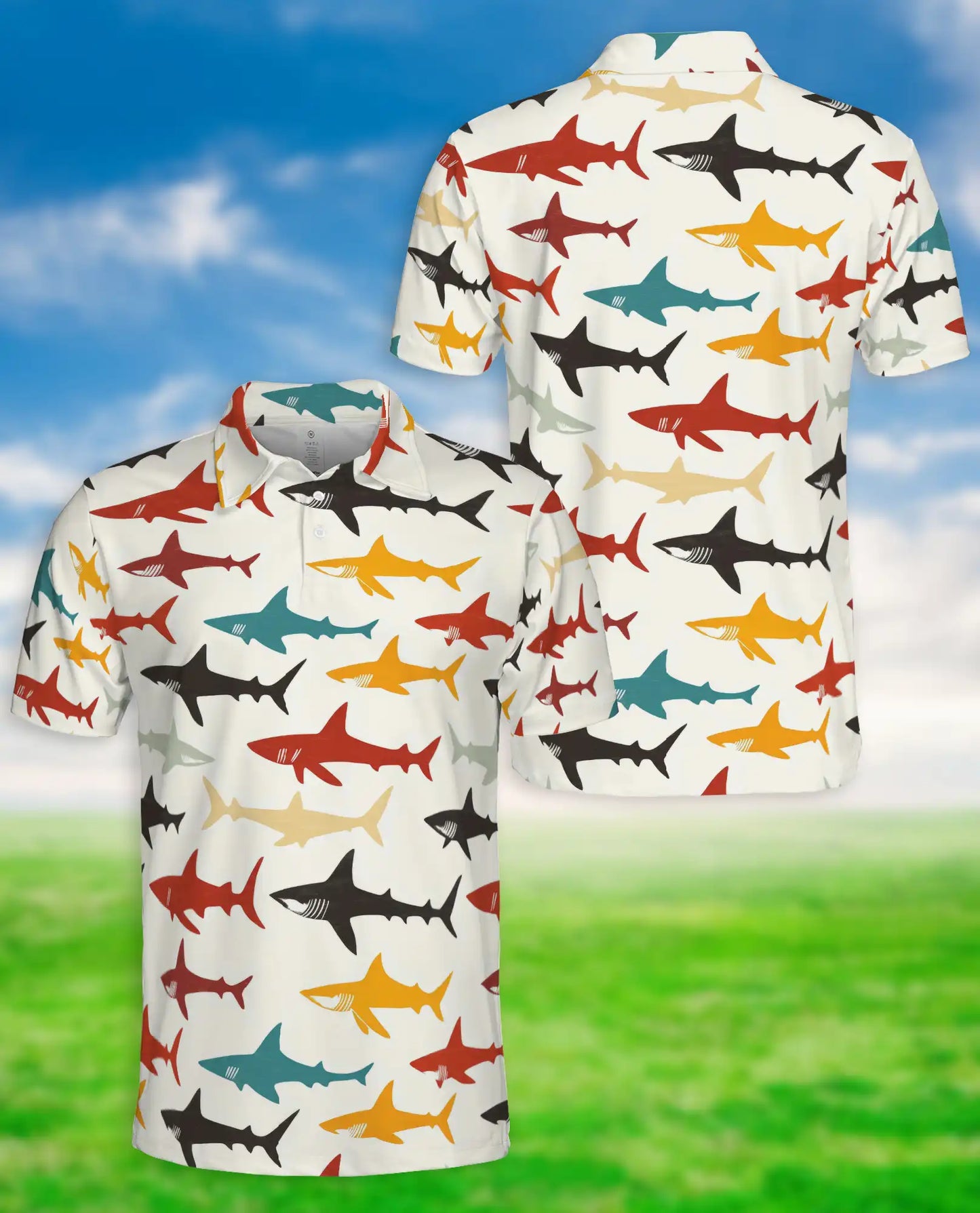 Colorful Shark Pattern 3D Polo Shirt for Men, Ocean Marine Style | Azhawaiian