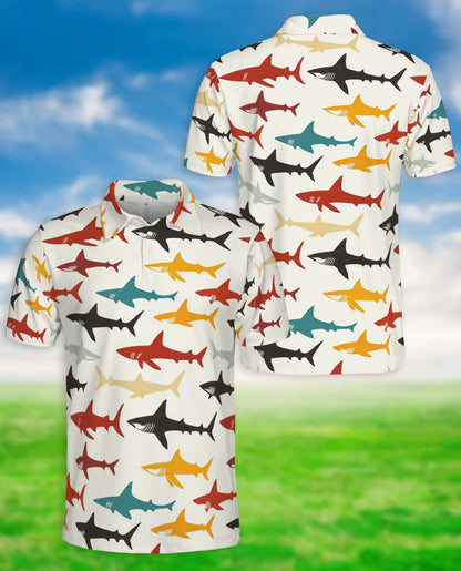 Colorful Shark Pattern 3D Polo Shirt for Men, Ocean Marine Style | Azhawaiian