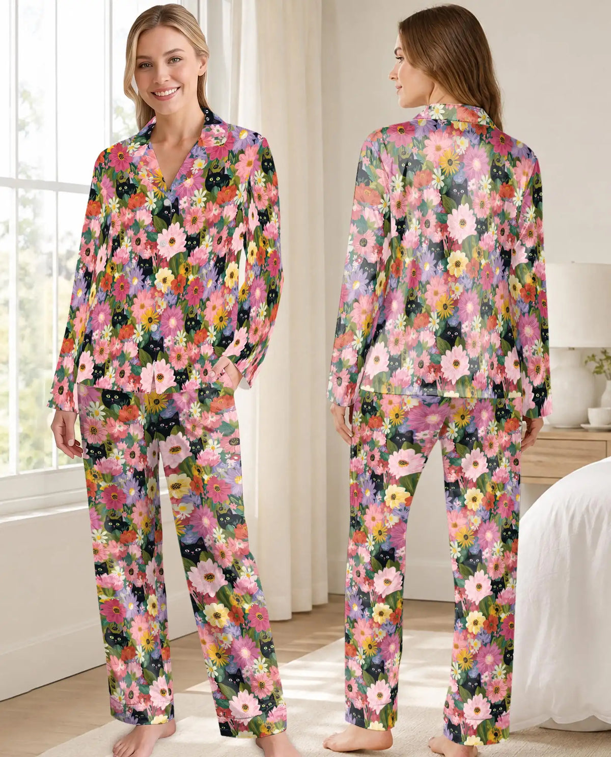 Black Cat Floral Pajama Set for Women – Colorful Wildflower Garden Print
