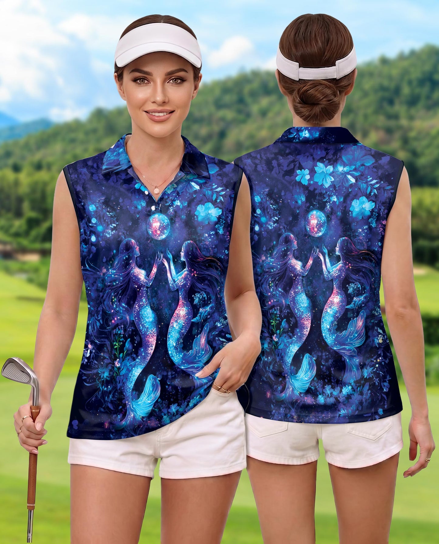 Black Floral Mermaid Sleeveless Polo Shirt for Women | Azhawaiian